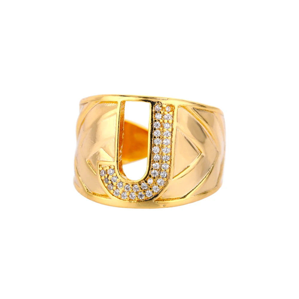 Chunky Wide Zircon Initial Letter Rings For Women Stainless Steel Opening Finger Ring Hip Hop Minimalist Jewelry Gift Femme