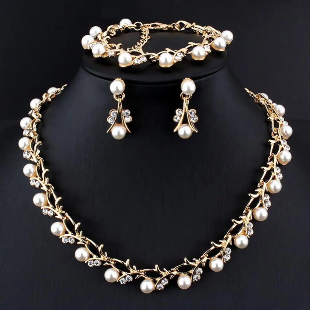 Elegant Bridal Jewelry Set: Rhinestone and Faux Pearl Necklace, Earrings, and Bracelet