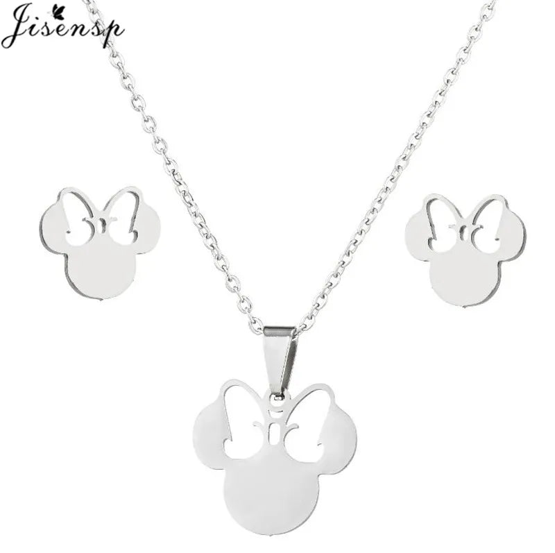 Cartoon Bowknot Mouse Stainless Steel Jewelry Set for Women Fashion Anime Animal Necklace Earrings Party Accessories