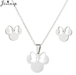 Cartoon Bowknot Mouse Stainless Steel Jewelry Set for Women Fashion Anime Animal Necklace Earrings Party Accessories