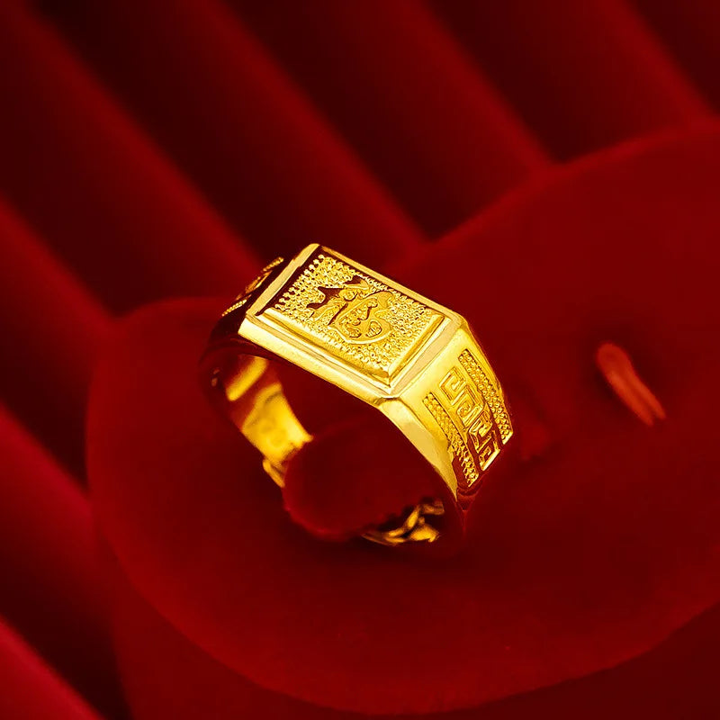 9999 gold men's rings, wealthy back pattern rings, 24K real gold opening rings, fashionable temperament men's ringsAU750