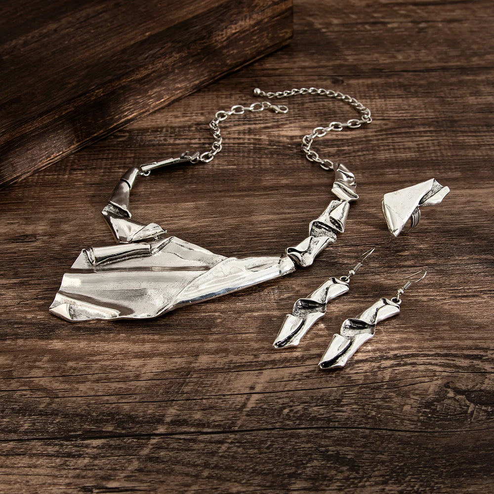 3Pcs/Set Creative Punk Irregular Chunky Necklace Drop Earrings Open Rings for Women Trendy 2025 Grunge Jewelry Set New