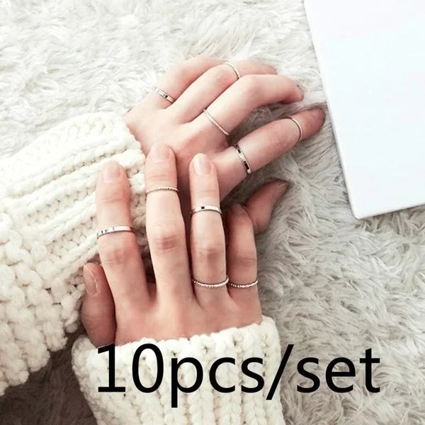 King 10pcs/set Women Simple No Inlay Alloy High-grade Ring Casual Personality Temperament Jewelry