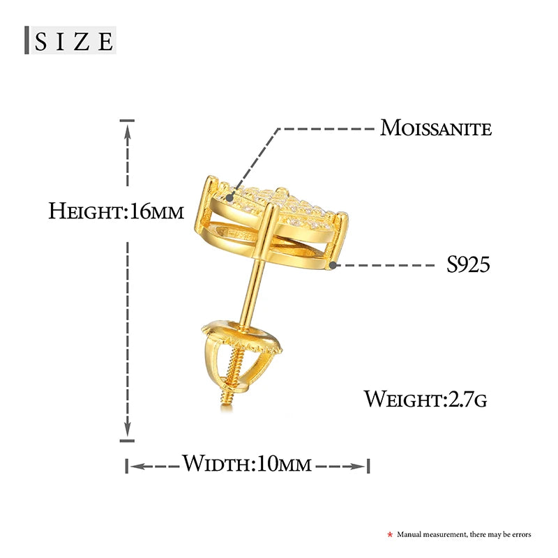 Fashion Square Hip Hop Sterling Silver Moissanite Earring For Women Jewelry Luxury Gift