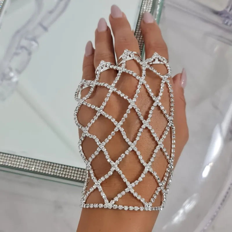 Boho Shiny Rhinestone Harness Finger Bracelet for Women Bridal Wedding Hand Jewelry Chain Bracelet Accessories Gift