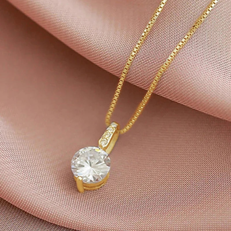 Round Cubic Zirconia Pendant Necklace for Women Box Chain Temperament Elegant Lady's Accessories Fashion Jewelry Gift