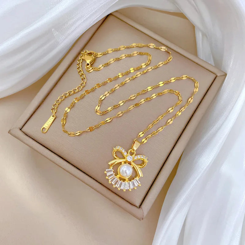 Classic Cute Hollow Bow Stainless Steel Necklace Earrings Set Fashionable Charm Pearl Versatile Gorgeous Accessories