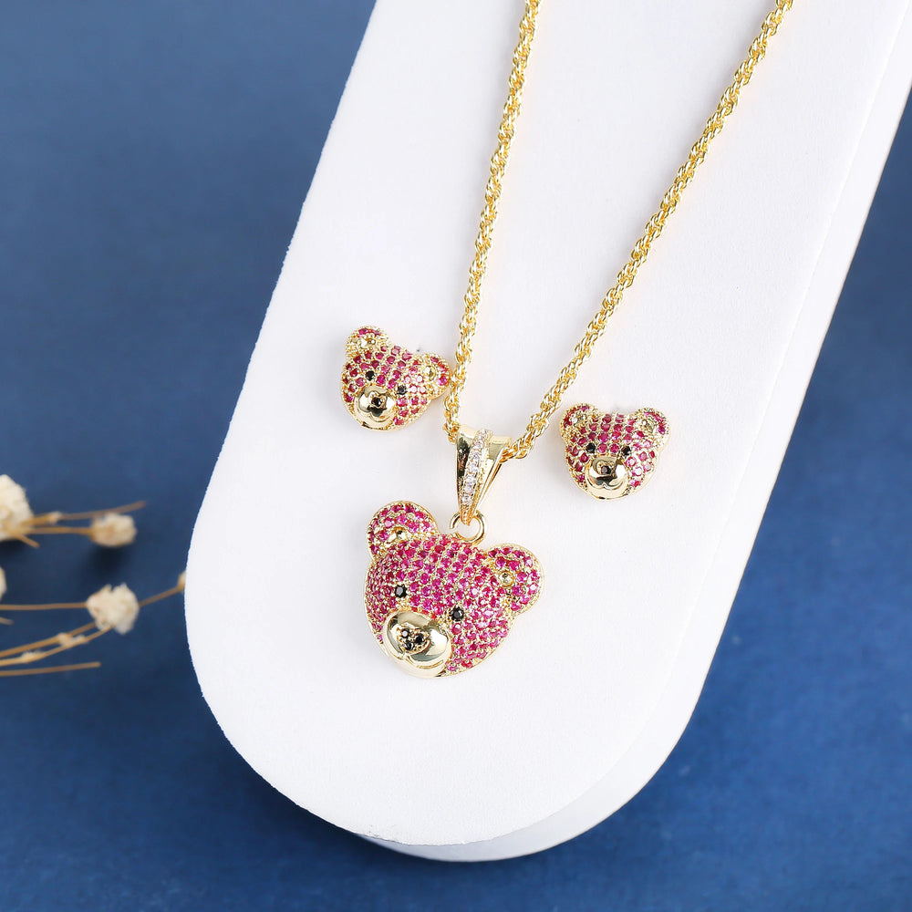 3pcs Exquisite Shiny White Red Zirconia Bear Jewelry Set Necklace Earrings Ring Cute Animal Jewelry Accessories For Women Girls