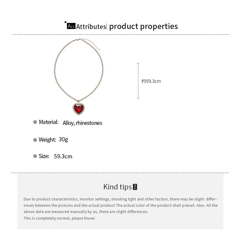 Heart of Ocean Necklace Big Blue Red Heart Pendant Necklace for Women Shiny Rhinestone Chain Necklace Party Wedding Jewelry