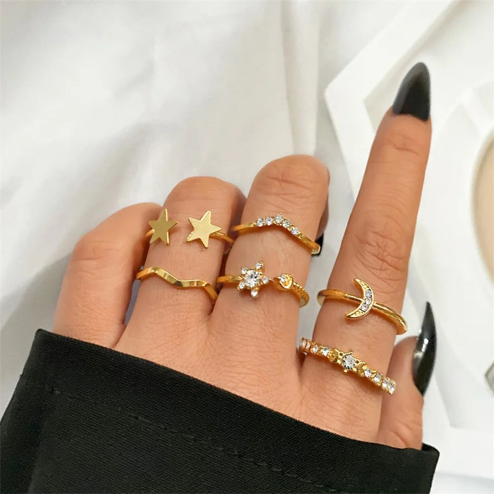 2024 Korean Fashion Temperament Crystal Twisted Leaves Flowers Ring Set For Women Jewelry