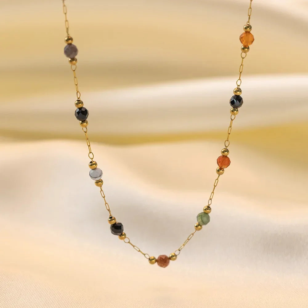 Colourful Beads String Natural Stone Bracelets Bohemia Titanium Steel Collarbone Chain Necklace Vintage Jewelry Sets for Women
