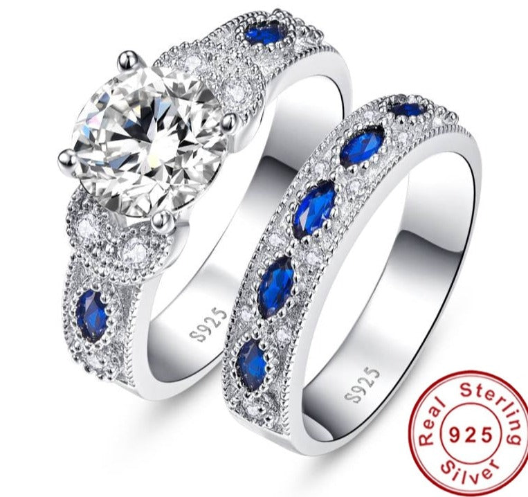 White CZ & Sapphire Solid Real 925 Sterling Silver Ring Set