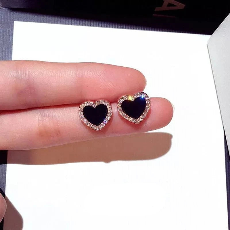 Engagement Enamel Cute Heart Stud Earrings for Women Girls Rose Gold Color Summer jewelry Black Earring Wedding Jewelry Gifts