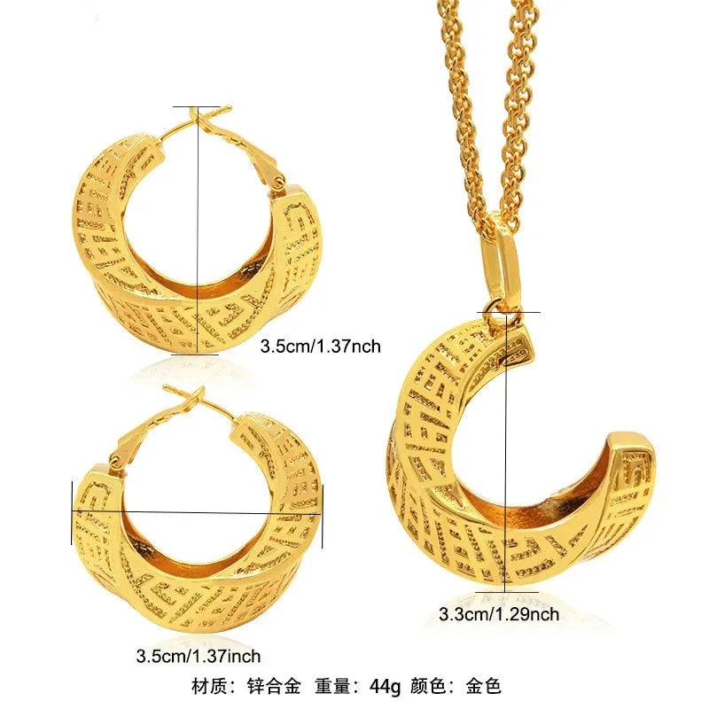 24K Gold-plated Two Piece Copper Jewelry Set India Dubai Jewelry Gold Warped Geometry Necklace Earrings