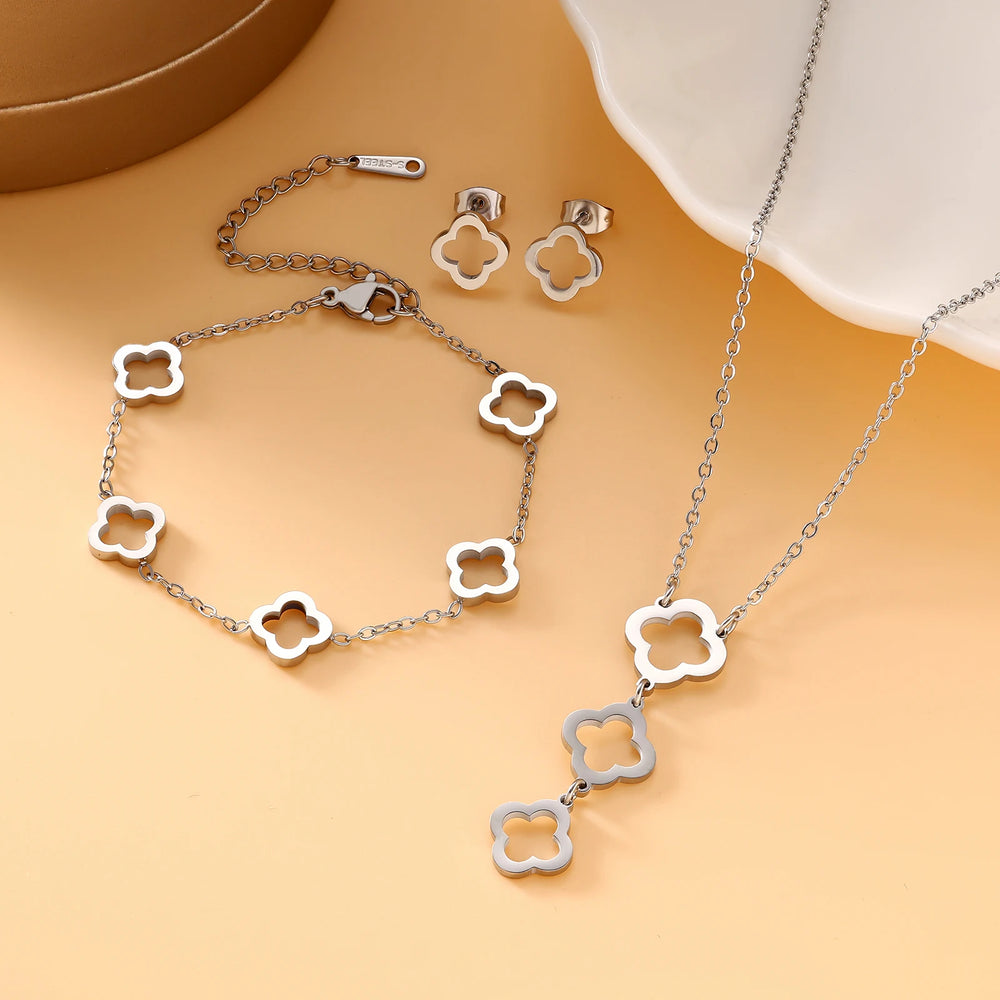 New Stainless Steel Hollow Clover Flower Necklace Bracelet Earnail Set for Women's Versatile Gift Accessories