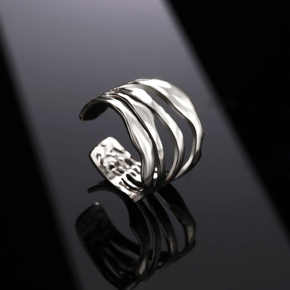 Women Irregular Wave Geometric Rings 2025 Fashion Stainless Steel Gold Color Adjustable Minimalist Finger Ring Jewelry