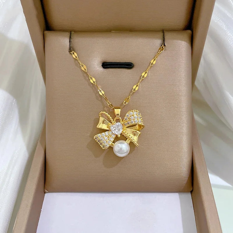 Classic Stainless Steel Gorgeous Pearl Bow Necklace Earrings Fashionable and Exquisite Temperament Evening Accessories