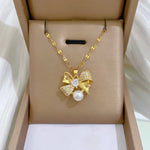 Classic Stainless Steel Gorgeous Pearl Bow Necklace Earrings Fashionable and Exquisite Temperament Evening Accessories