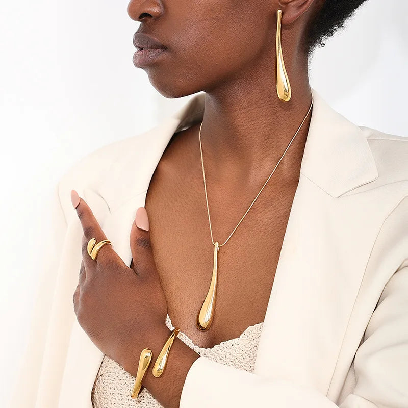 Personalized Water Drop Pendant Necklaces Bangles Rings Earrings Set Women Punk Gold Silver Color Metal New Hip Hop Jewelry Set