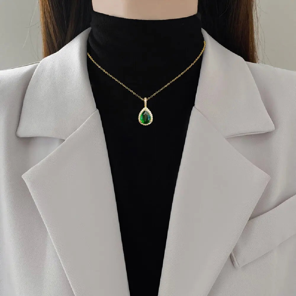 316L Stainless Steel Green Water Droplet Inlay Zircon Pendant Necklace Earrings Set Girl New Trend Jewelry Gift