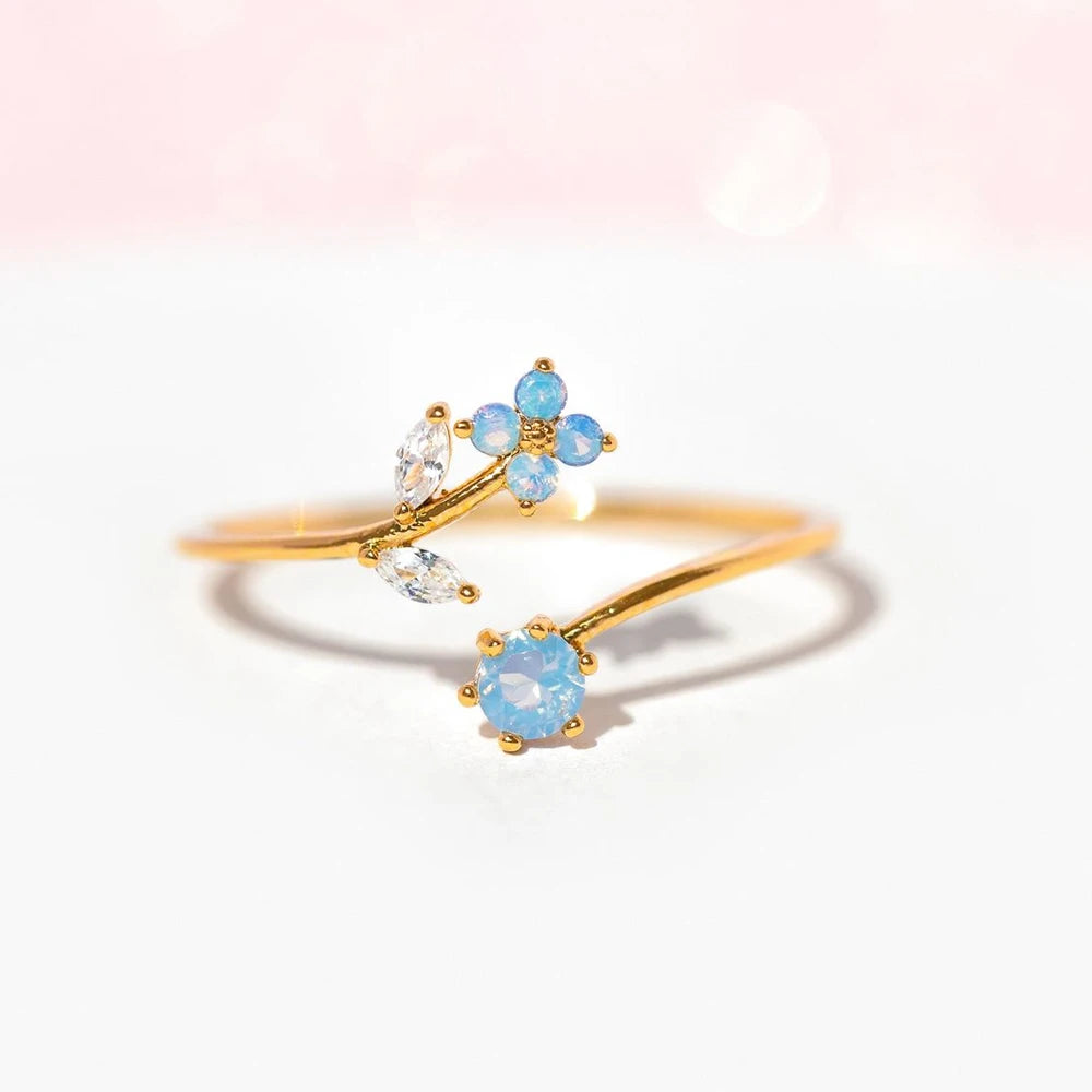18K Gold Plated Simple Blue CZ Cute Flower Zircon Rings For Women Girls Teens Open Ring Fashion Aesthetic Jewelry