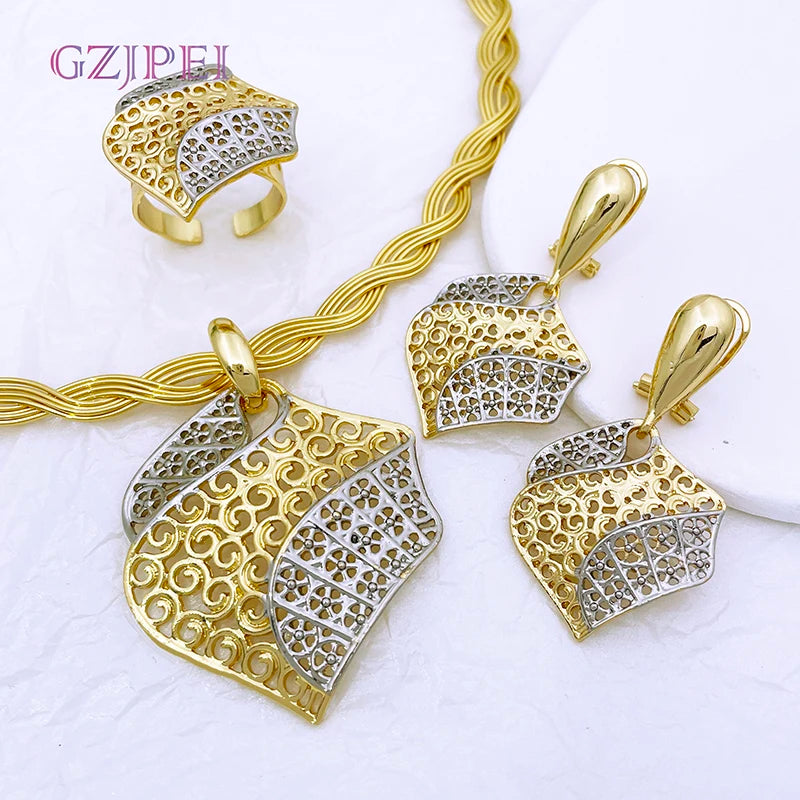  This complete jewelry set for women includes an elegant Italian design with 18K gold plating. The set consists of a necklace, earrings, bracelet, and pendant, making it perfect for parties and special occasions.