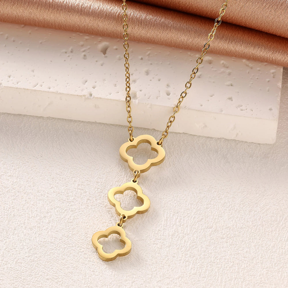 New Stainless Steel Hollow Clover Flower Necklace Bracelet Earnail Set for Women's Versatile Gift Accessories