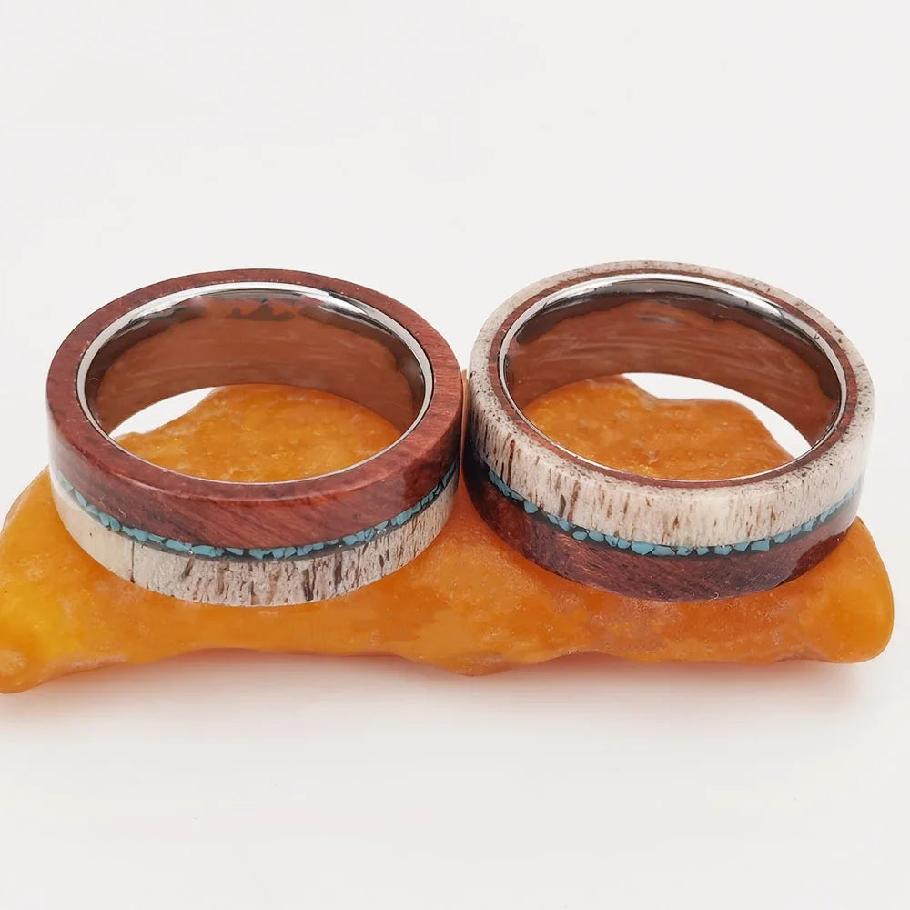 Personalized 8mm Tungsten Ring for Men Flat Top Wood Band Inlay Natural Elk Antler&Turquoise for Best Birthday Gift Size 7-15
