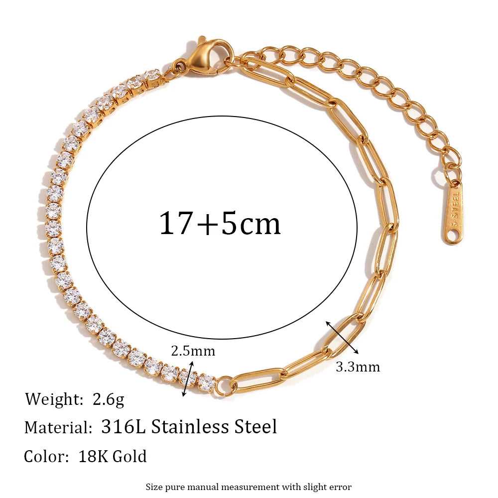 Zircon Chain Splicing Paper Clip Bracelet 18K Gold Plated Women's Earrings 316L Stainless Steel Accessories