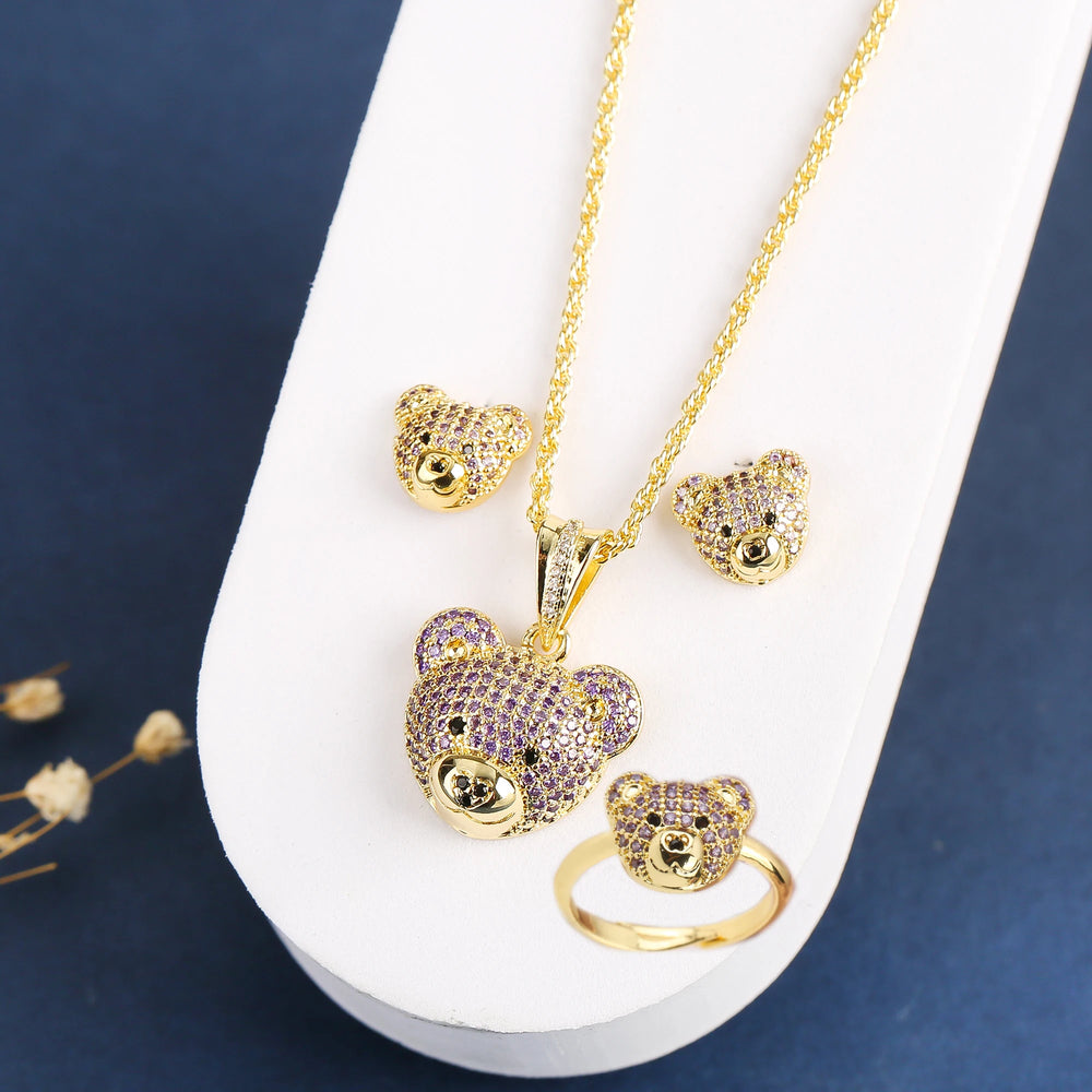 3pcs Exquisite Shiny White Red Zirconia Bear Jewelry Set Necklace Earrings Ring Cute Animal Jewelry Accessories For Women Girls