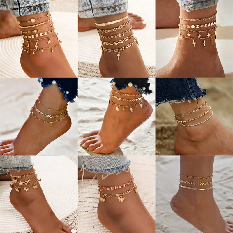 Modyle Punk Vintage Bohemian Gold Color Anklets for Women Girls Key Heart Butterfly Leg Ankle Anklet Bracelet Beach Jewelry