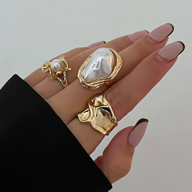 New 3Pcs/set Gold Color Irregular Pearl Open Rings Set for Women Exaggerated Vintage Metal Folds Thick Chunky Ring Jewelry Gifts