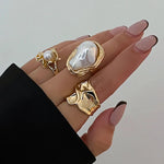 New 3Pcs/set Gold Color Irregular Pearl Open Rings Set for Women Exaggerated Vintage Metal Folds Thick Chunky Ring Jewelry Gifts