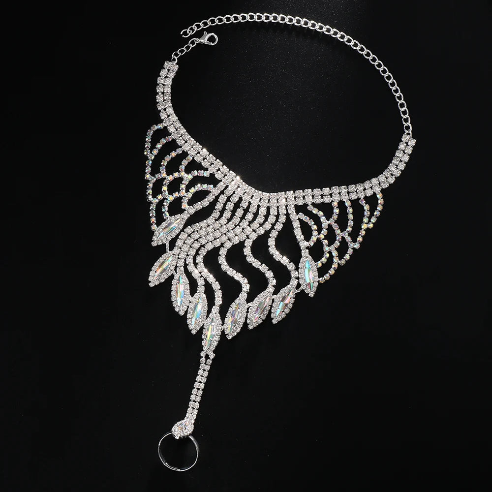 Luxury Hollow Rhinestone Harness Bracelet Finger Chain for Women Crystal Wrap Bangle Hand Chain Bridal Wedding Jewelry