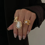 New 3Pcs/set Gold Color Irregular Pearl Open Rings Set for Women Exaggerated Vintage Metal Folds Thick Chunky Ring Jewelry Gifts