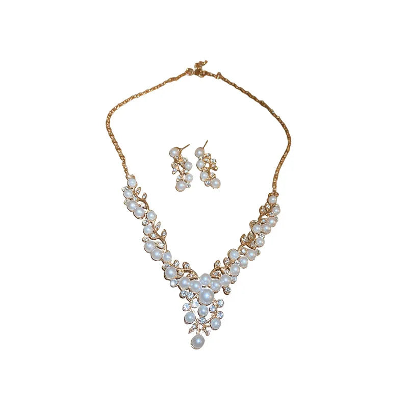 Women's Vintage Elegant Imitated Pearl Jewellery Sets Luxury Cubic Zirconia Leaves Jewelry Classic Earring Delicate Necklace