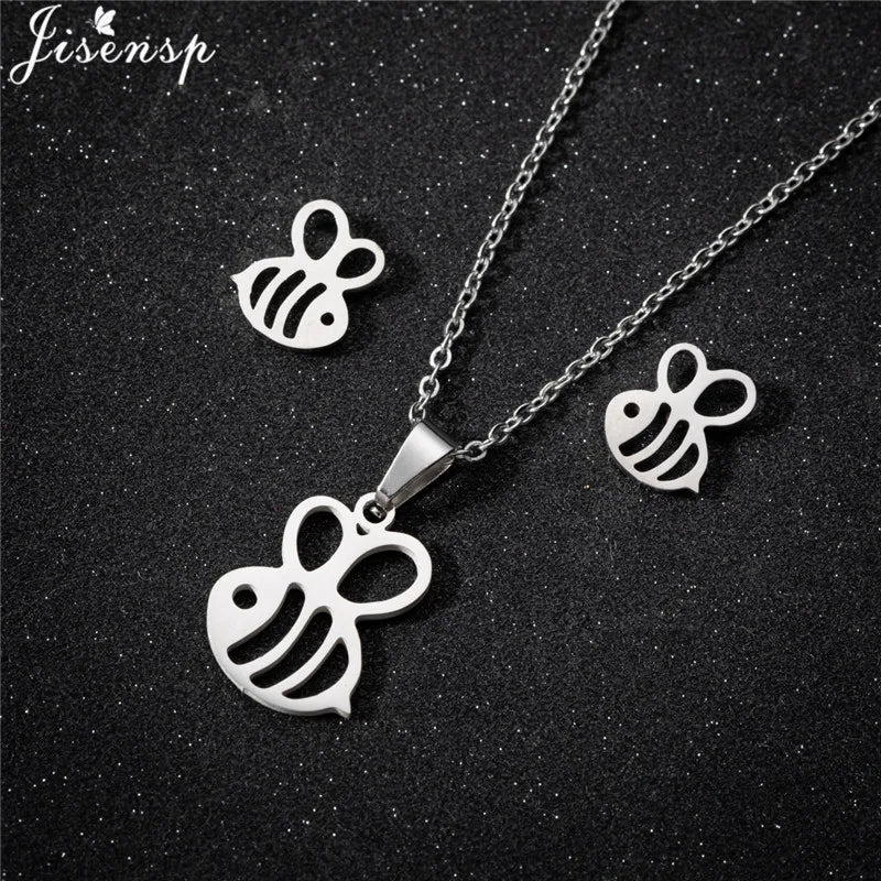 Cartoon Bowknot Mouse Stainless Steel Jewelry Set for Women Fashion Anime Animal Necklace Earrings Party Accessories