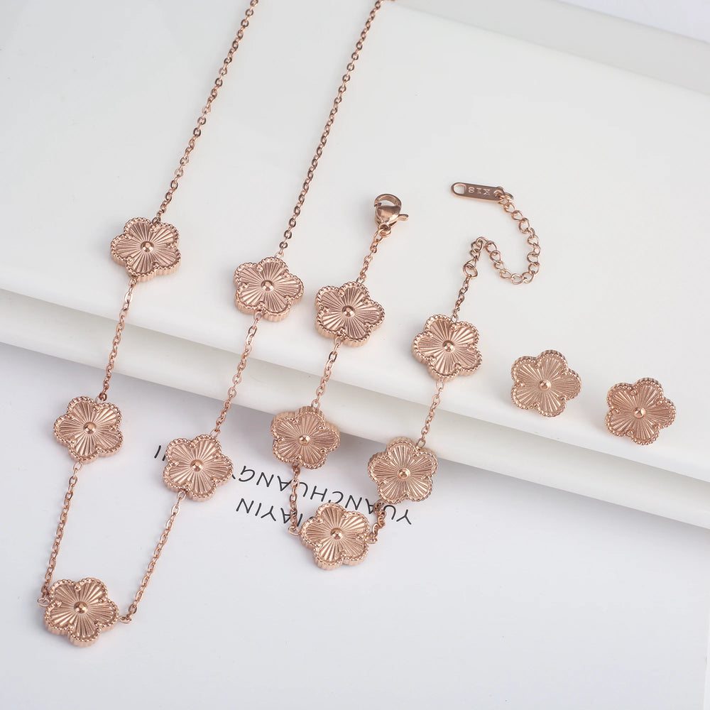 Hot Selling Plum Blossom Plant Five Leaf Flower Jewelry Set Bracelet Necklace Earrings Women Stainless Steel High Quality Clover