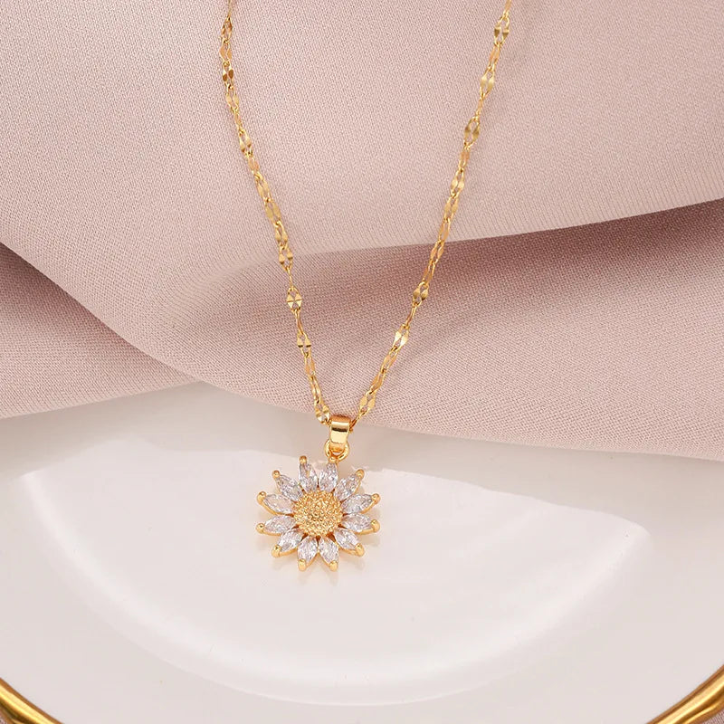 Titanium Steel Gold Plated chain Copper material Sunflower for Zircon Big Pendant Necklace for Women Jewelry Wedding Party Gift