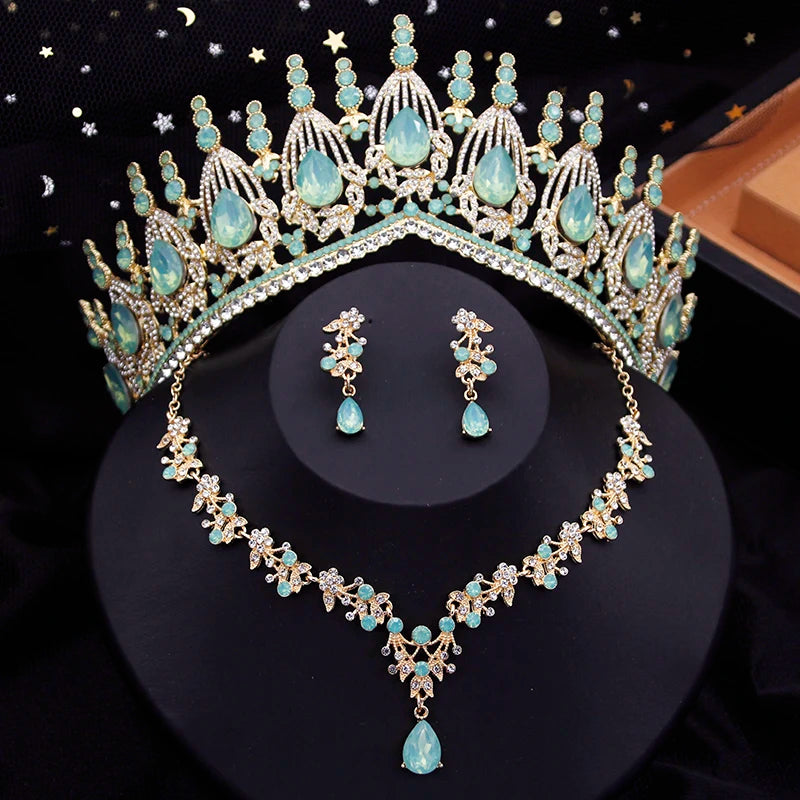 Blue Crown Bridal Jewelry Sets for Women Opal tiara Necklace Earrings Sets Prom Wedding Bride Jewelry Costume Accessories