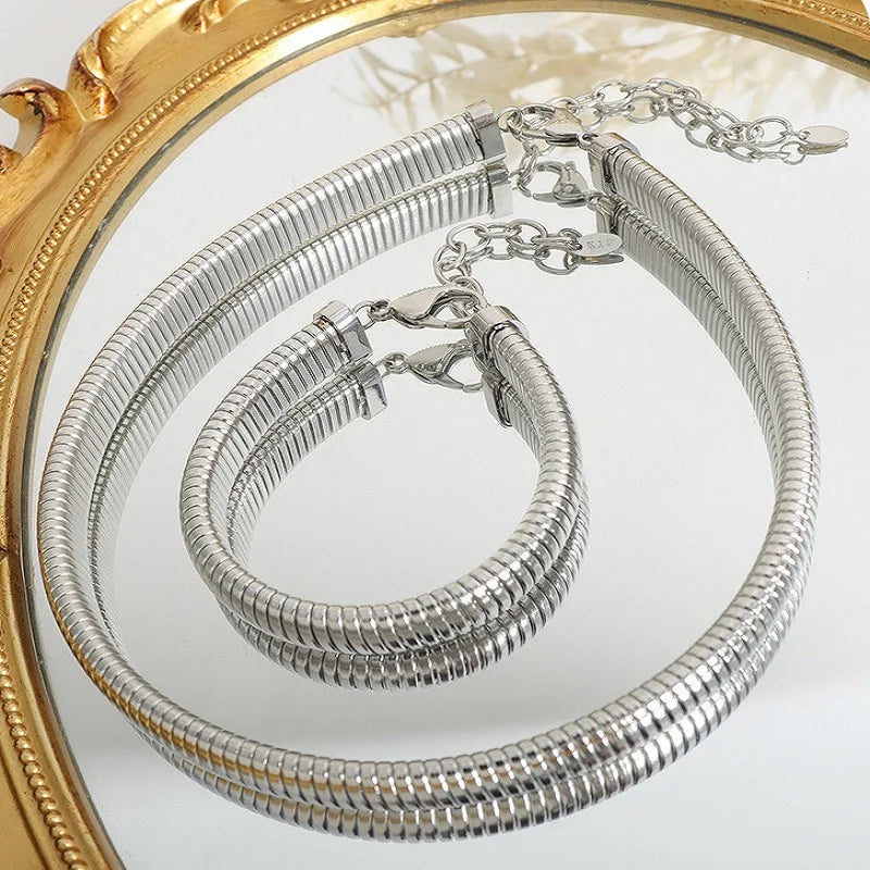 Stainless Stee Elastic Rasch Necklace Bracelet Set for Women Gold Plated Solid Metal Fine Gift