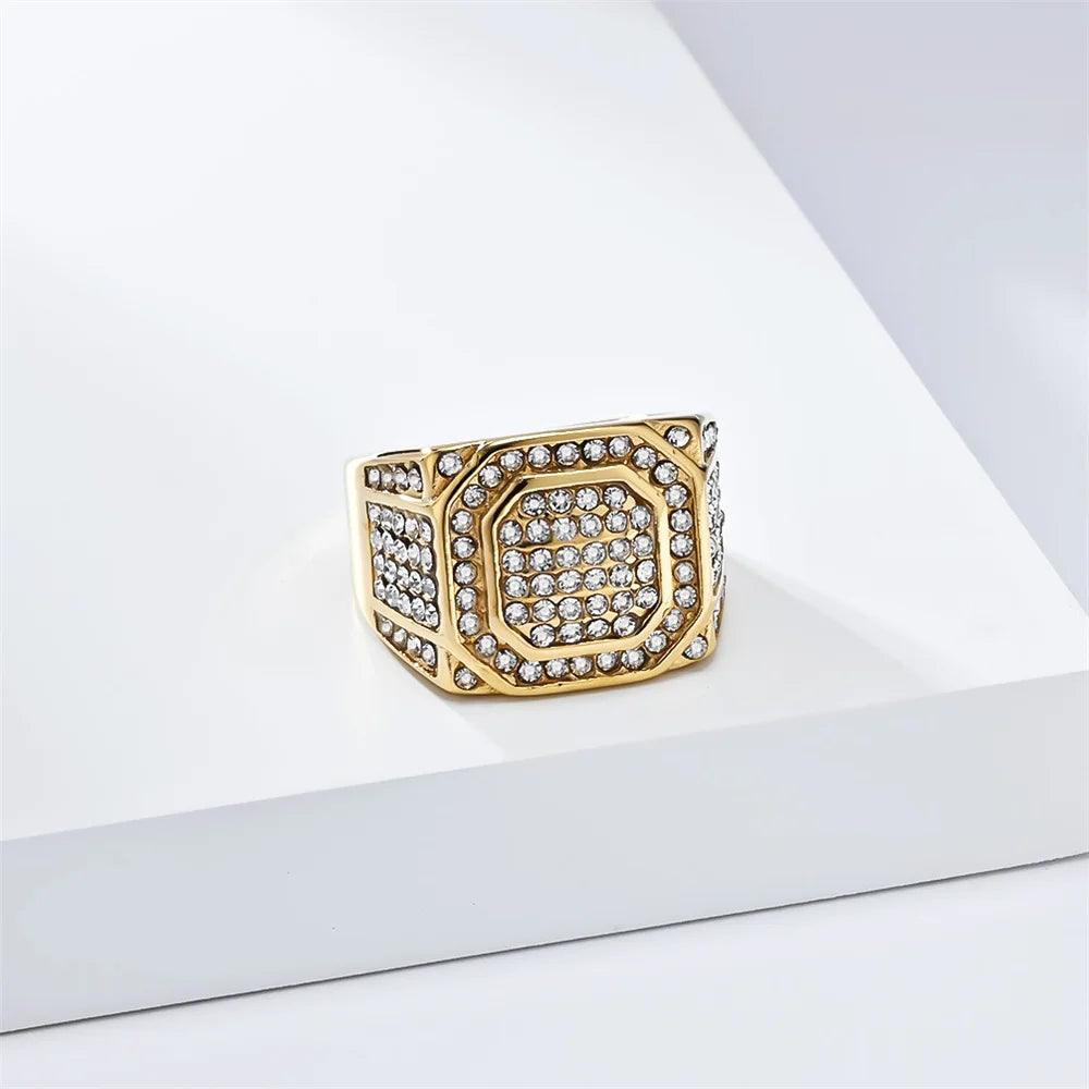 Hip Hop Iced Out Bling CZ Ring Male Gold Color Stainless Steel Zircon Geometry Rapper Rings for Men Fashion Jewelry Gift 2025