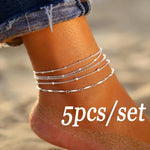 5Pcs/Set Ankle Bracelet Anklet Multi-layer Bead Chain Anklet Bracelets Simple Beach Set Ankle Foot Chain for Girls Jewelry