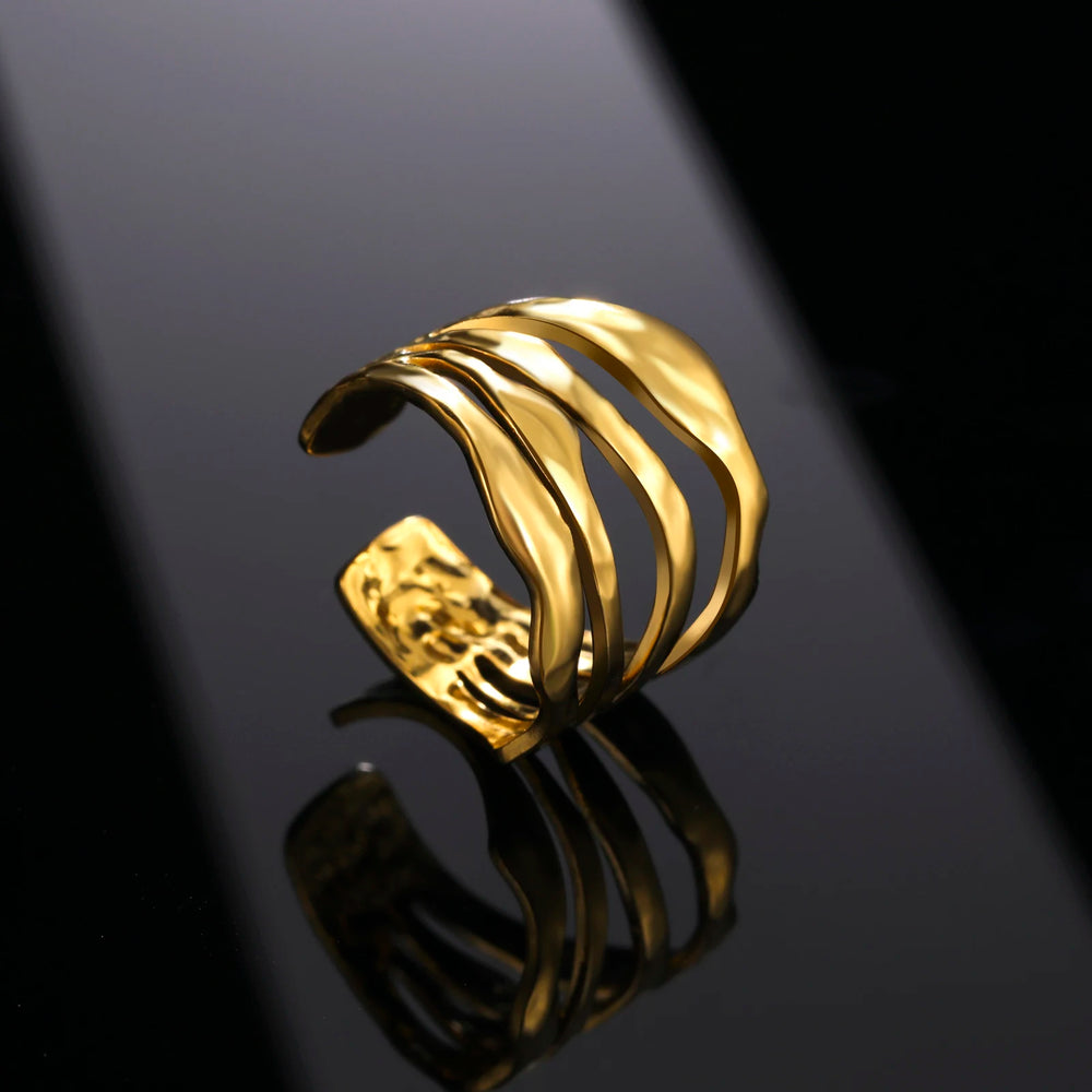 Women Irregular Wave Geometric Rings 2025 Fashion Stainless Steel Gold Color Adjustable Minimalist Finger Ring Jewelry