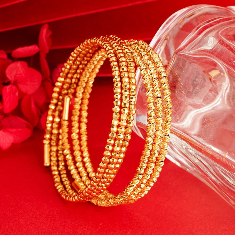 24K Gold Plated Three Lines Beads Bracelets for Women Wholesale Pure Gold Color Speaking Cuff Bangle Wedding Jewelry Accessories