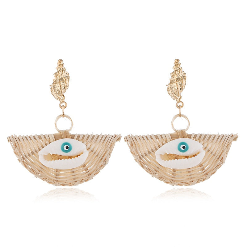 Rattan Raffia Tassel Pendant Earrings