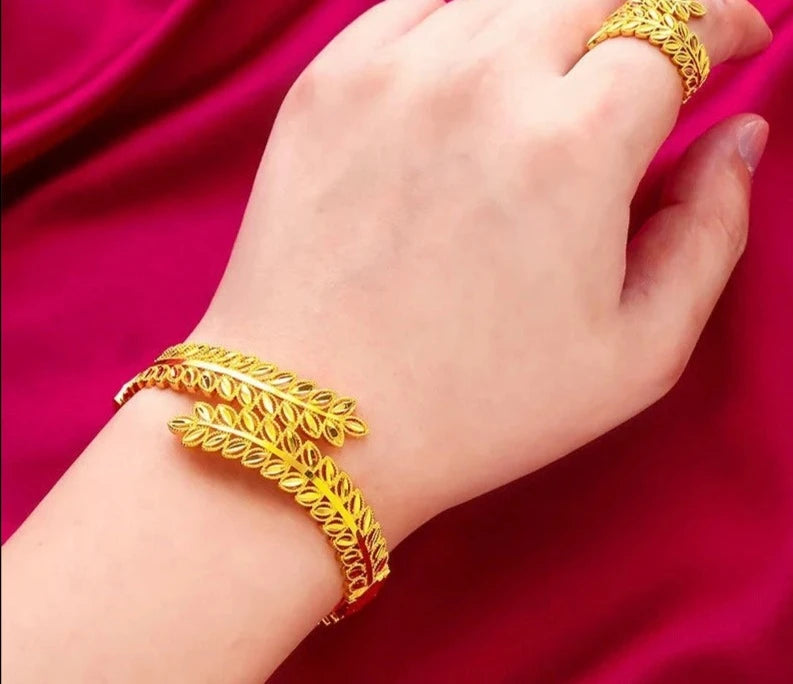 Luxury Dubai Gold Color Woman Bracelet Wedding Cuff Bracelet Female Bridal Designer Flower Bangles with Ring For Women