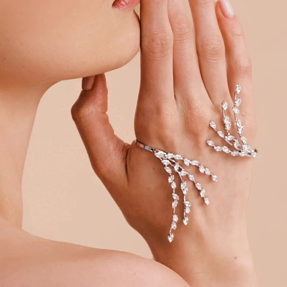 Shiny Crystal Open Bangle Bracelet Hand Jewelry for Women Bridal Leaf Branch Bracelet Palm Jewelry Wedding Accessories