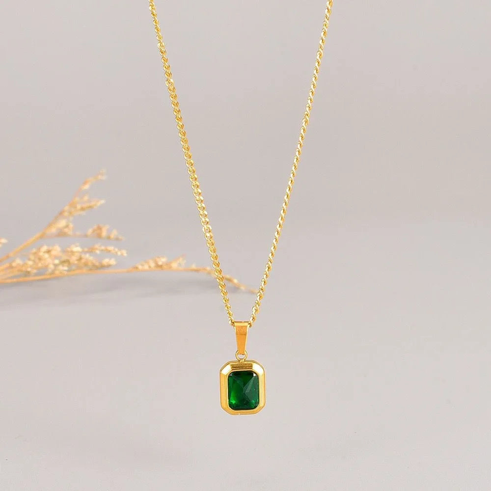 316L Stainless Steel Gold Plated Emerald Zirconia Geometric Square Pendant Necklace For Women Girls Temperament Jewelry