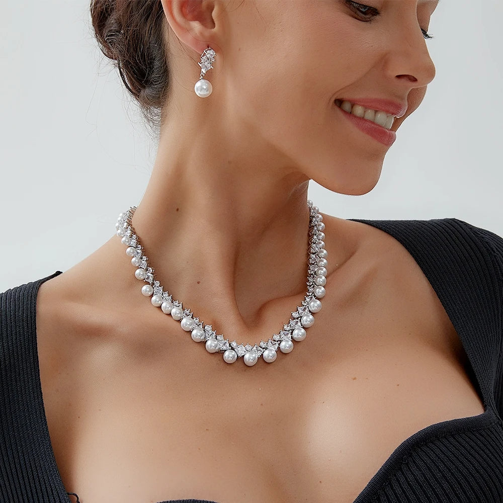 Elegant White CZ Wedding Accessories for Women Brides Classic Round Pearl Necklace and Earrings Costume Jewelry Sets X0482